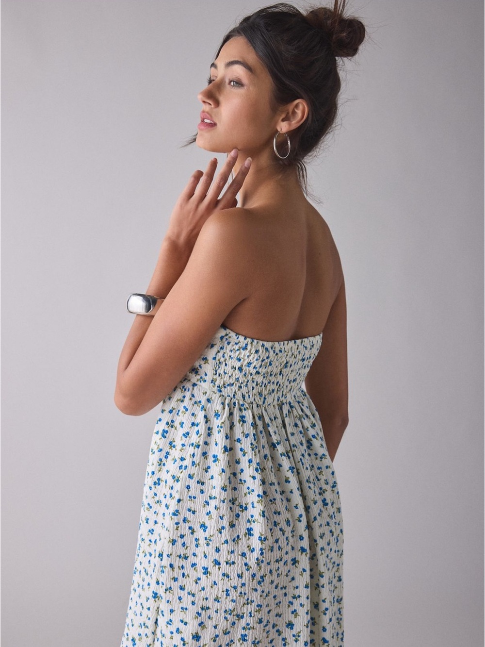 Kiss The Sky Ditsy Floral Strapless Babydoll Mini Dress - Picture 2 of 7